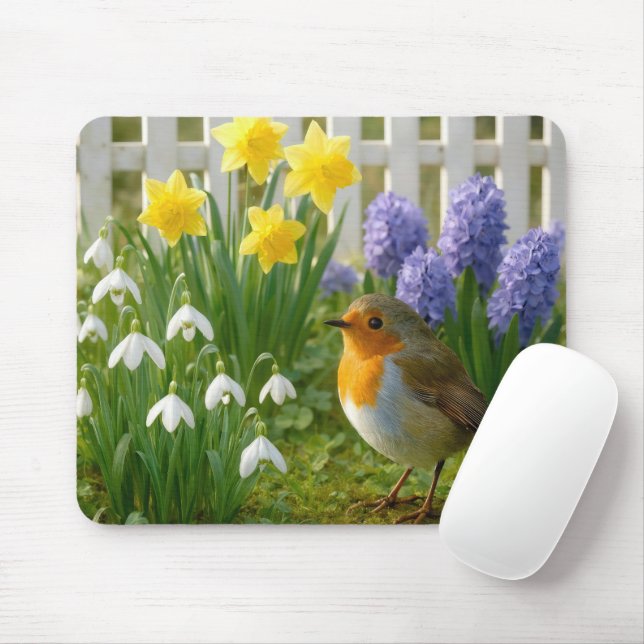 Robin in a Springtime Garden Mouse Pad (With Mouse)