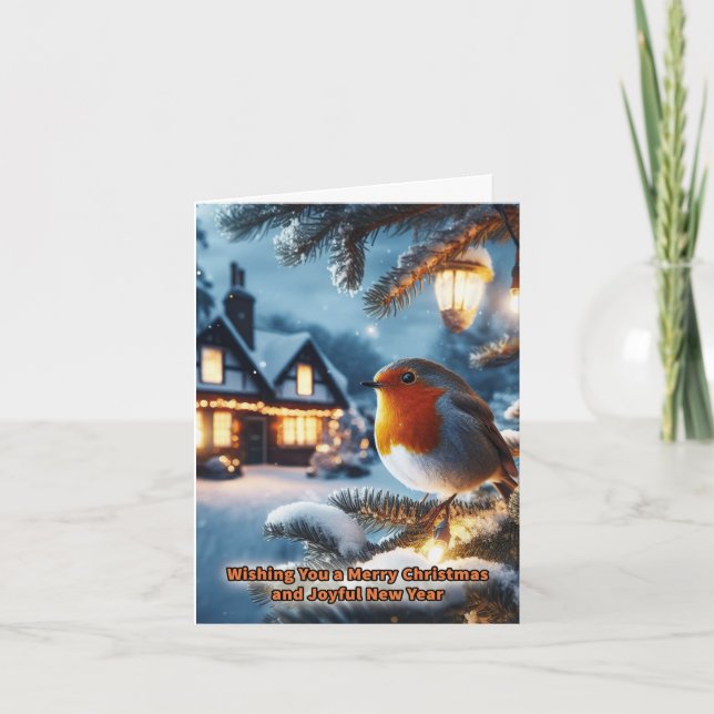 Robin in Festive Snow Scene Christmas Card (Front)