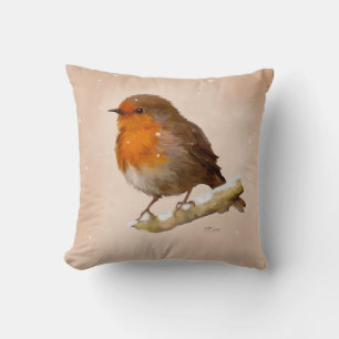 Robin in snow throw pillow