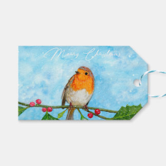 Robin in Snow Watercolour Painting Gift Tag