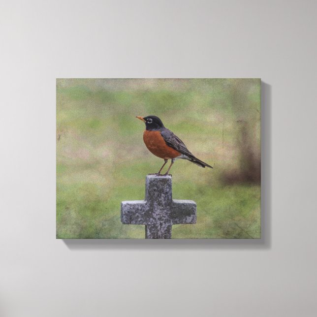 Robin on a cross canvas print (Front)