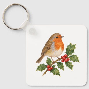 Robin on a Holly Sprig Keychain