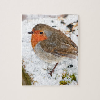 Robin on a snowy log jigsaw puzzle