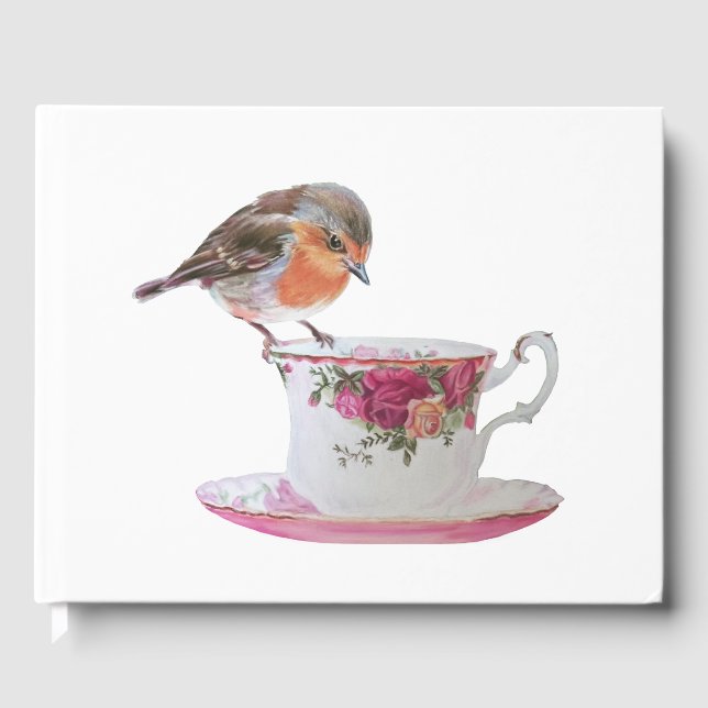 Robin on a tea cup guest book (Front)
