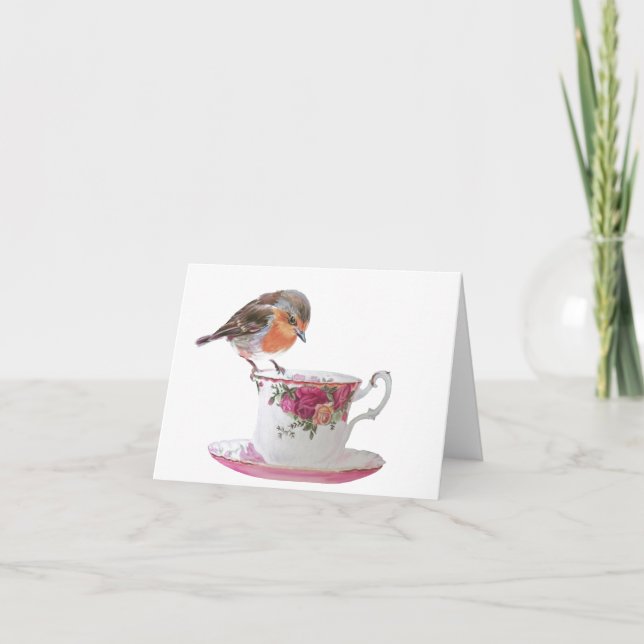 Robin on a tea cup note card (Front)