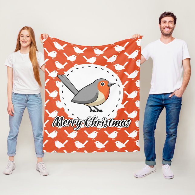Robin on Orange White Bird Pattern - Merry Xmas Fleece Blanket (In Situ)