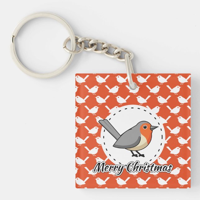 Robin on Orange White Bird Pattern - Merry Xmas Keychain (Front)