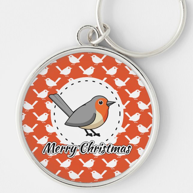 Robin on Orange White Bird Pattern - Merry Xmas Keychain (Front)