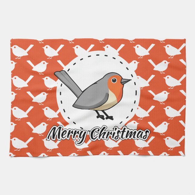 Robin on Orange White Bird Pattern - Merry Xmas Kitchen Towel (Horizontal)