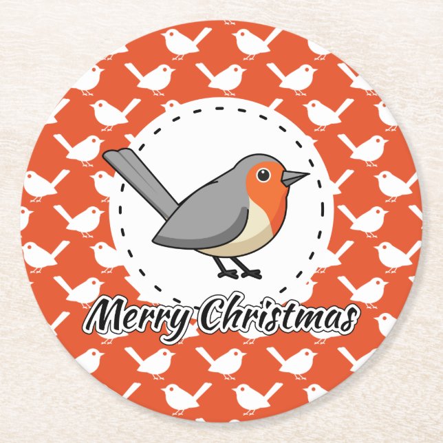 Robin on Orange White Bird Pattern - Merry Xmas Round Paper Coaster (Front)