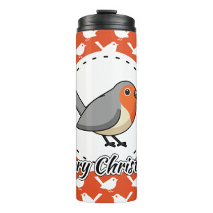 Robin on Orange White Bird Pattern - Merry Xmas Thermal Tumbler