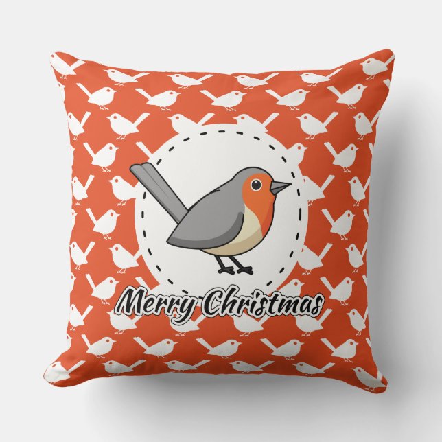 Robin on Orange White Bird Pattern - Merry Xmas Throw Pillow (Front)