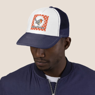 Robin on Orange White Bird Pattern - Merry Xmas Trucker Hat