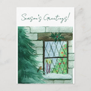Robin Outside Of A Festive Window Christmas Card