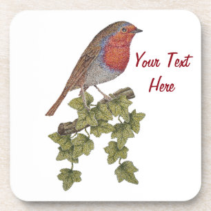 Robin perched on ivy leaf wild birds for christmas coaster