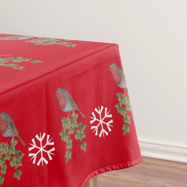 Robin perched on ivy leaf wild birds for christmas tablecloth (In Situ)