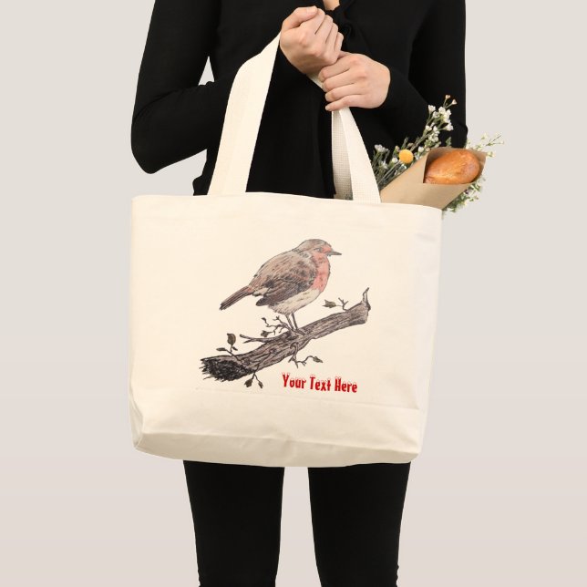 Robin perched on ivy leaf wild birds large tote bag (Front (Product))
