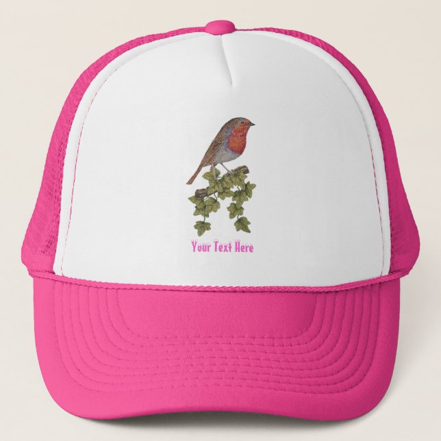 Robin perched on ivy leaf wild birds trucker hat (Front)