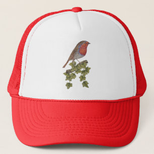 robin perched on ivy leafs at christmas trucker hat