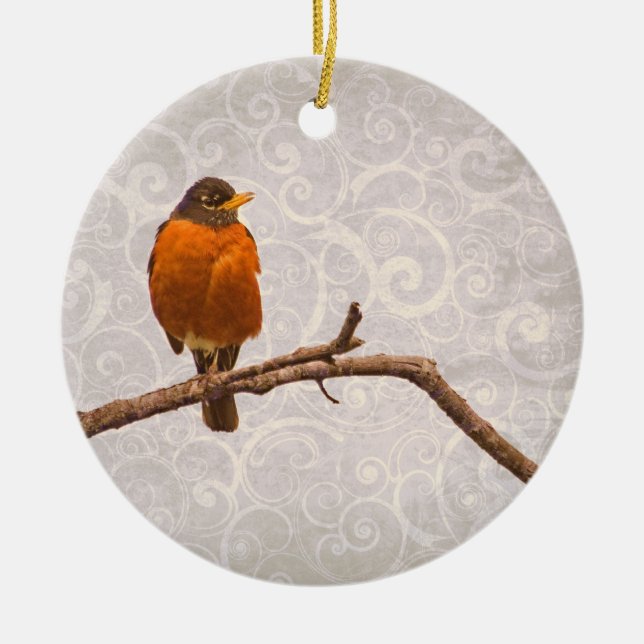 Robin Photo with Damask Swirl Design Ceramic Ornament (Front)