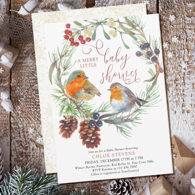 Robin Pine Cone Wreath Merry Little Baby Shower Invitation (Creator Uploaded)