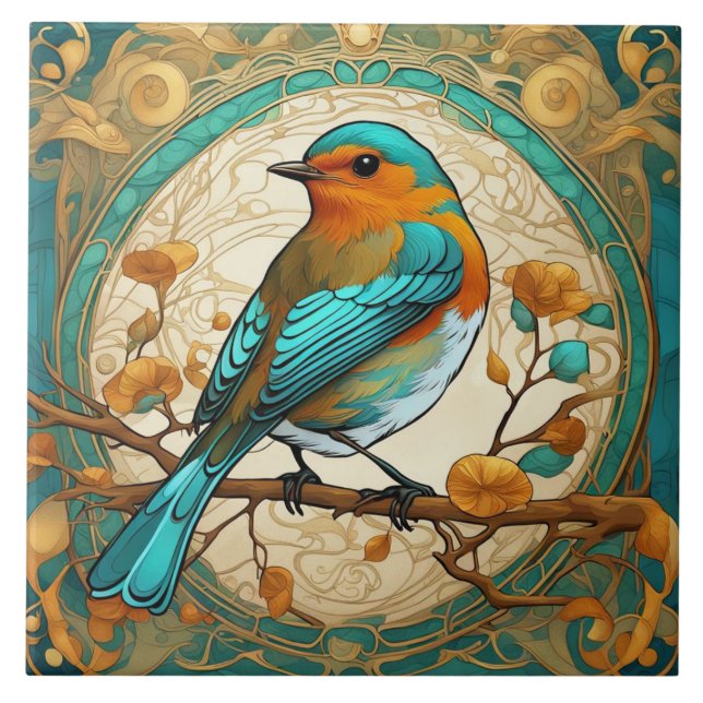 Robin Red Breast Bird Art Nouveau Art Deco Mint Tile (Front)