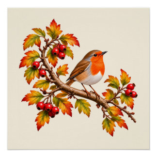  Robin Redbreast Autumn Botanical Bird Design Poster