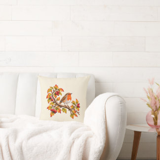  Robin Redbreast Autumn Botanical Bird Design Throw Pillow