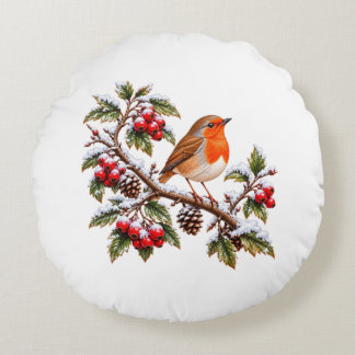  Robin Redbreast on Snowy Winter Branch Christmas Round Pillow