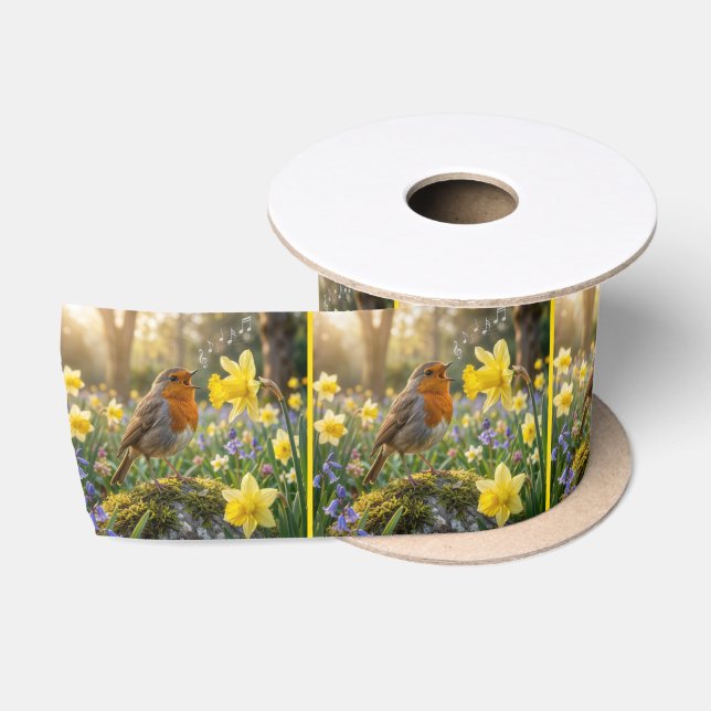 Robin Singing Into a Daffodil Satin Ribbon (Spool)