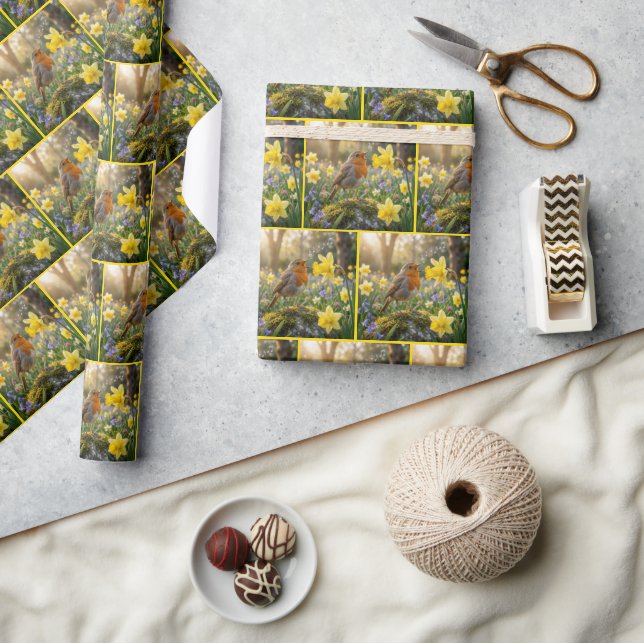 Robin Singing Into a Daffodil Wrapping Paper (Crafts)