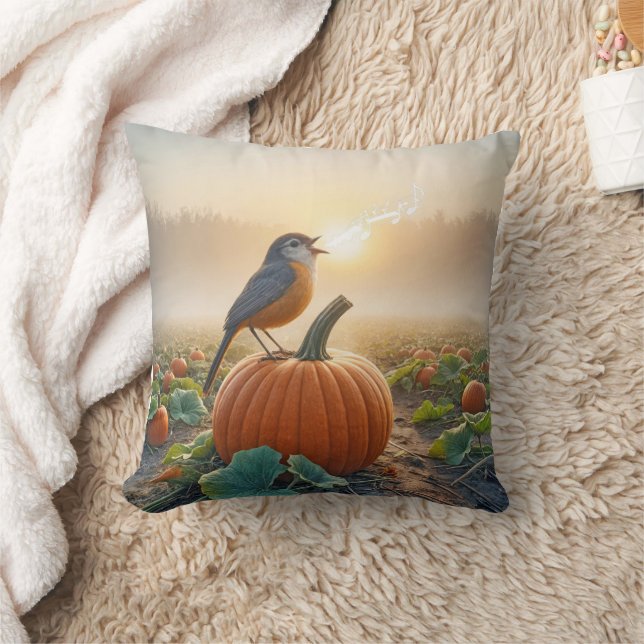 Robin Singing On a Pumpkin Throw Pillow (Blanket)