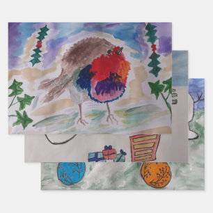 Robin, Snowman & Santa Wrapping Paper Set