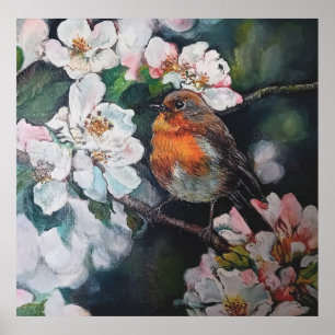 Robin with cherry blossom poster
