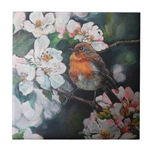 Robin with cherry blossom tile