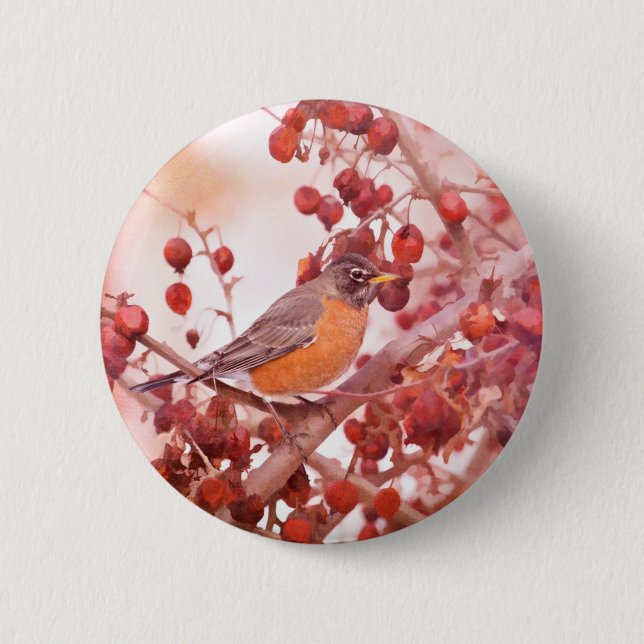 Robin With Red Berries 2 Inch Round Button (Front)