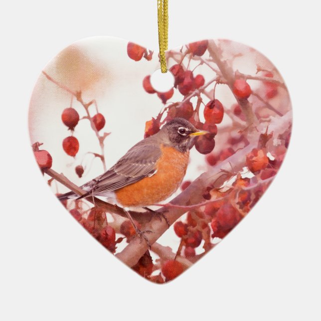 Robin With Red Berries Ceramic Ornament (Front)
