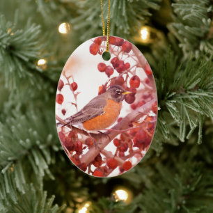 Robin With Red Berries Ceramic Ornament