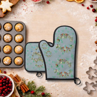 Robin, wreaths, and snowflakes gray oven mitt & pot holder set