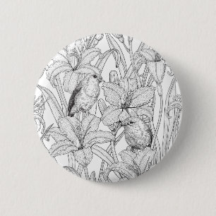 Robins and lilly flowers, black and white 2 inch round button