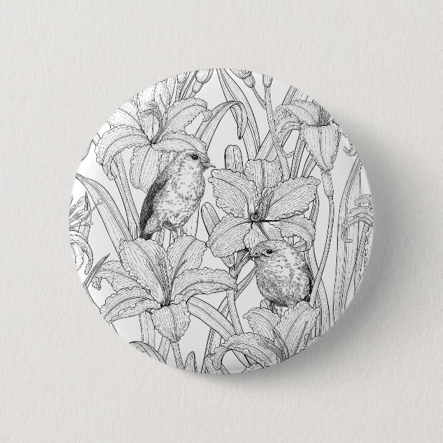 Robins and lilly flowers, black and white 2 inch round button (Front)