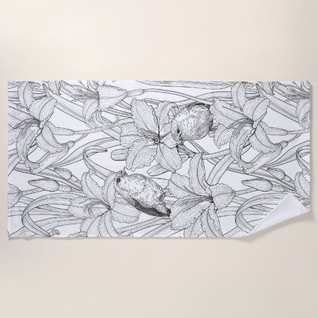 Robins and lilly flowers, black and white beach towel (Front)