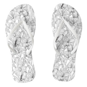 Robins and lilly flowers, black and white flip flops