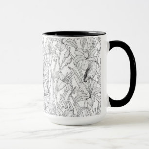 Robins and lilly flowers, black and white mug