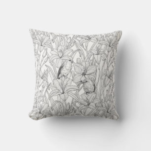 Robins and lilly flowers, black and white throw pillow