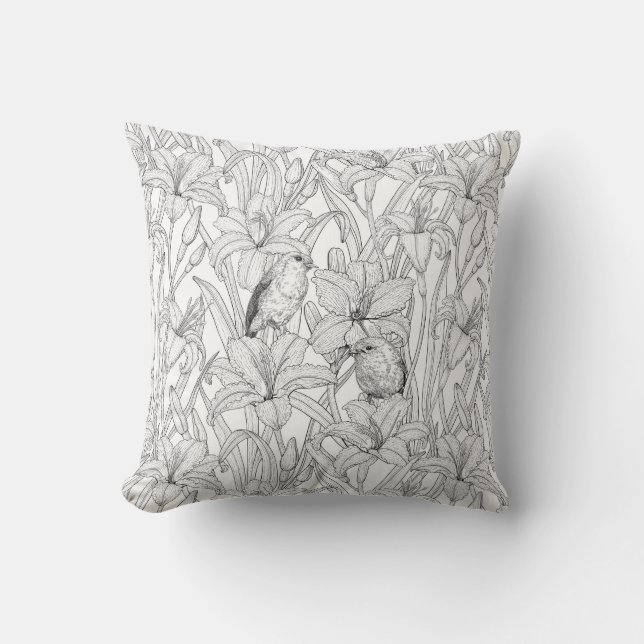 Robins and lilly flowers, black and white throw pillow (Front)