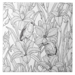 Robins and lilly flowers, black and white tile