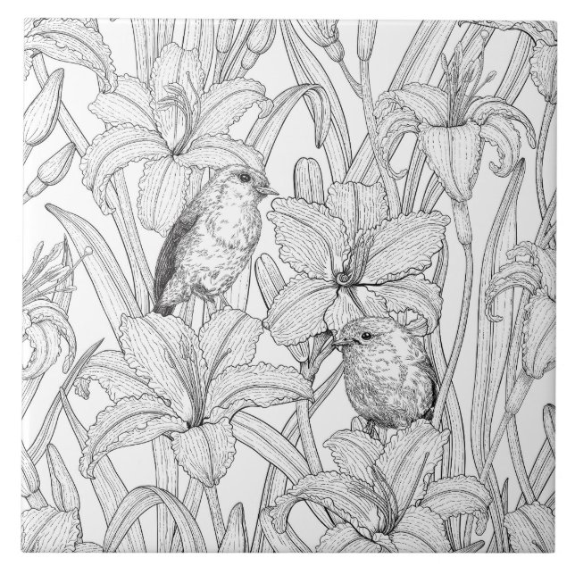 Robins and lilly flowers, black and white tile (Front)