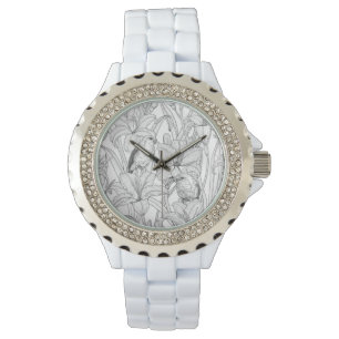 Robins and lilly flowers, black and white watch