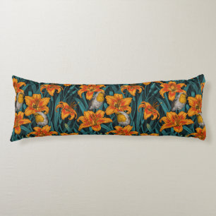 Robins and lilly flowers, orange and blue body pillow